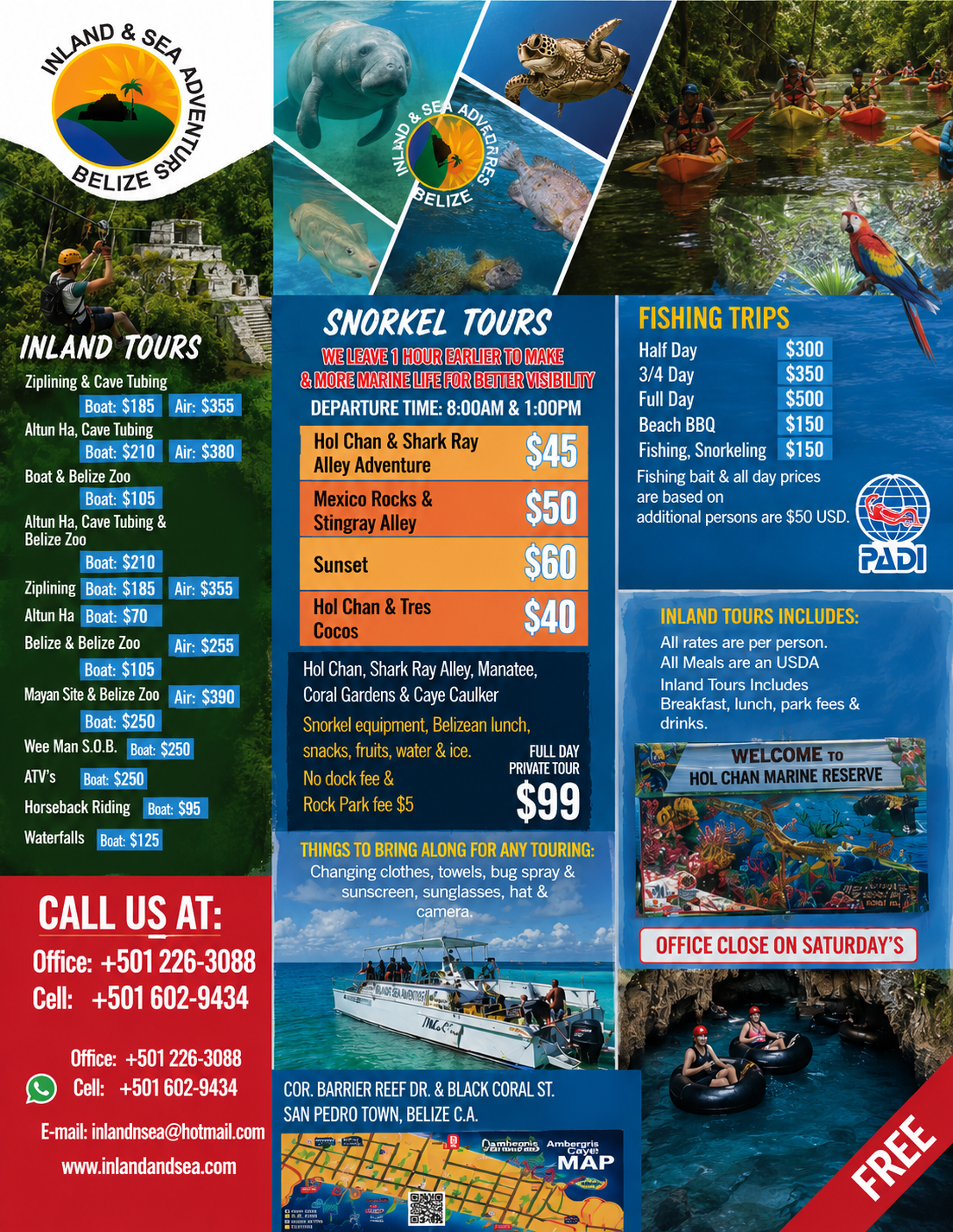 San Pedro Adventure Tours by Inland & Sea Adventures Belize — Hol Chan & Shark Ray Alley snorkel tours, Mexico Rocks, sunset trips, cave tubing, ziplining and fishing. Call +501-602-9434.