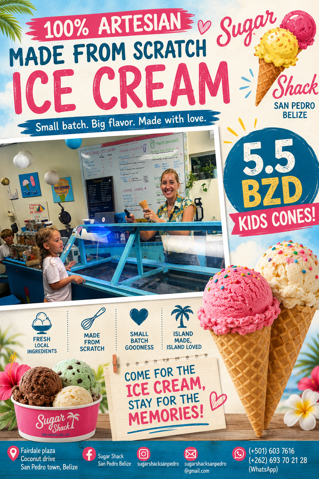 Sugar Shack San Pedro Belize — 100% artisan, made-from-scratch ice cream. Fresh local ingredients, small batch. Fairdale Plaza, Coconut Drive, San Pedro Town.