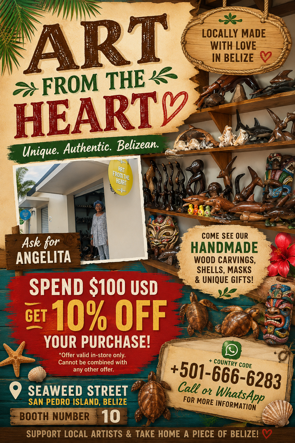 San Pedro Belize souvenirs and island keepsakes — handmade crafts, Belize-made gifts and reef-inspired mementos in San Pedro Town, Ambergris Caye.